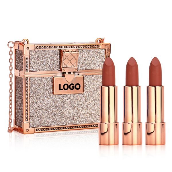 Personalized Matte Lipstick 3-piece Set with Luxury Chain Bag Vegan Free Choice Lipstick Color Combination Creamy Lipstick