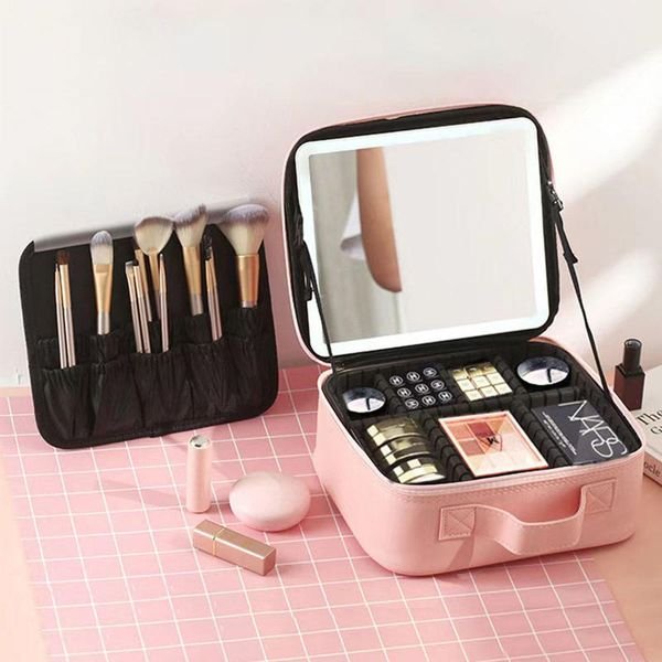 2024 New Travel Portable Make up Organizer Storage Box Cosmetic Case Detachable Makeup Bag With Led Light and Mirror