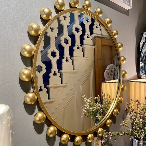 2024 Modern Home and Living Room Decorative Metal Framed Mirrors Luxury Gold Mirror with Ball Design Wall Mirror